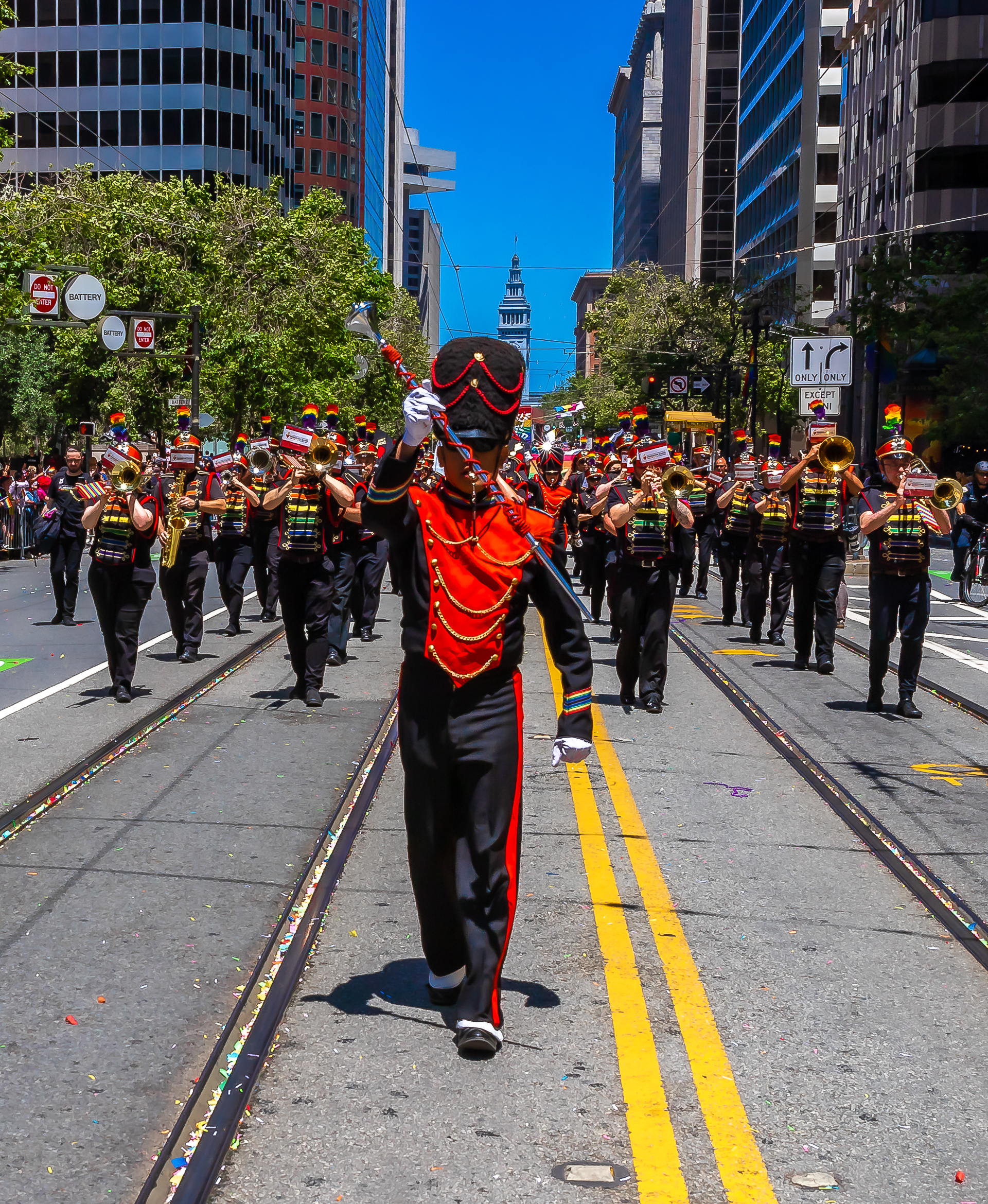 Freedom Band trumpet section marching in step